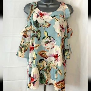 Umgee Blue Floral Open Shoulder 3/4 Sleeve Top Blouse Women's Medium NWT
